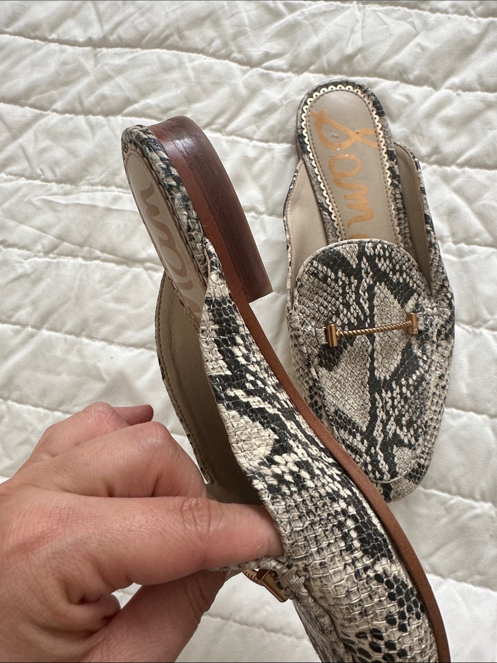 Sam Edelman Snake-Print Backless Mules with Gold Accent - Beige & Black - Picture 7 of 8